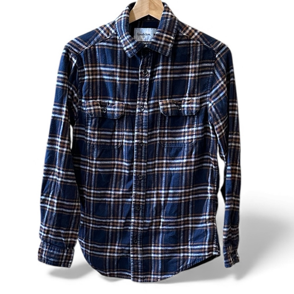 Goodfellow & Co Navy and Brown Plaid Button-Down Shirt size small